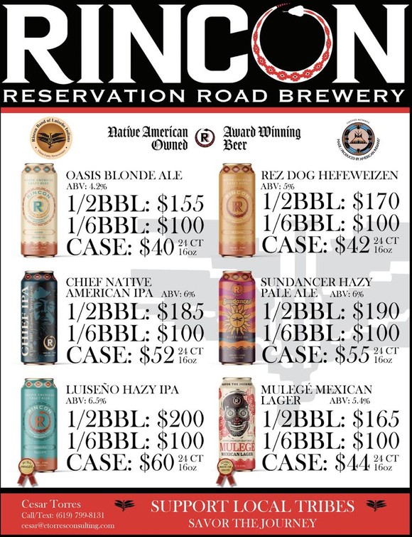 Rincon Reservation Road Brewery core lineup and pricing