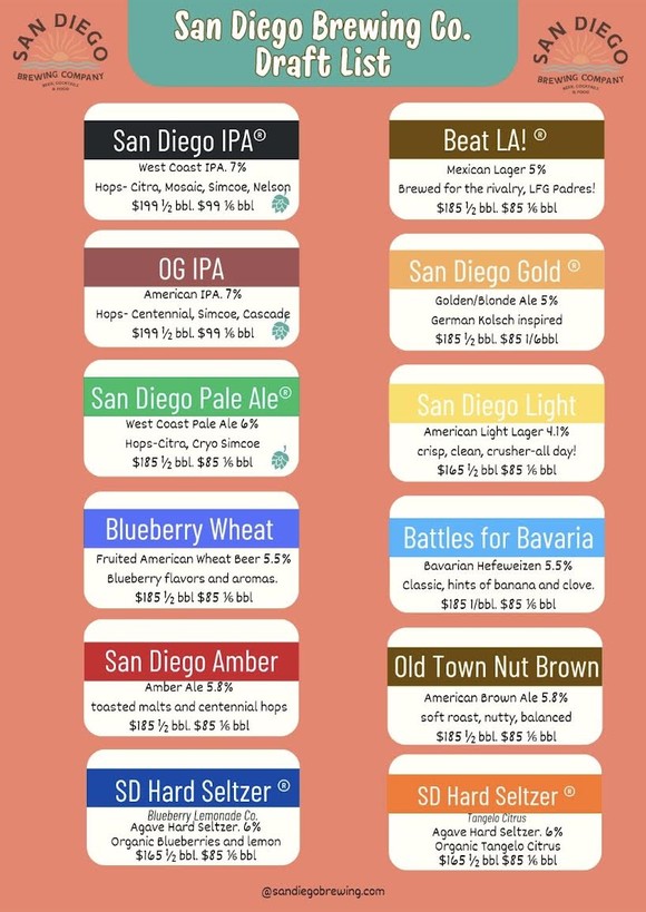 San Diego Brewing Co core lineup and pricing